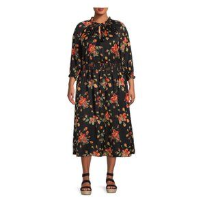 Size 1X (16W-18W) FLORAL PRINT PEASANT MIDI DRESS W/POCKETS All-Season PLUS SIZE